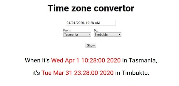 Application screenshot showing the user selected time in Tasmania and Timbuktu.