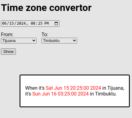 Application screenshot showing the user selected time in Tijuana and Timbuktu.
